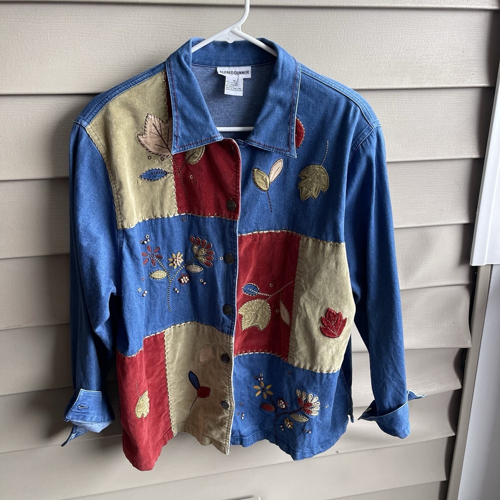 Alfred Dunner Patchwork Autumn Fall Leaf Button Up Shirt Jacket Size 16‎ Cottage